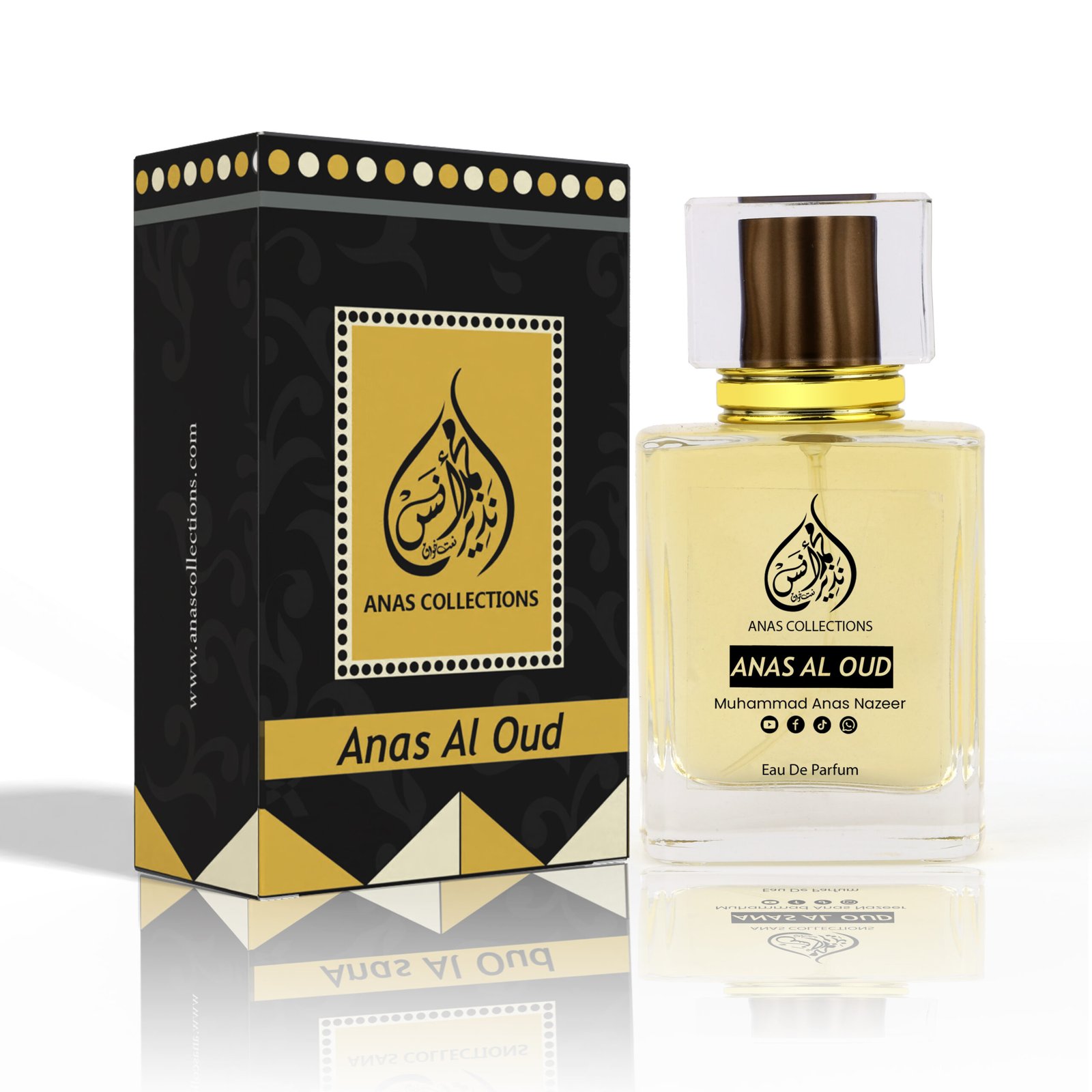 Anas Al Oud perfume bottle and black signature packaging box set.