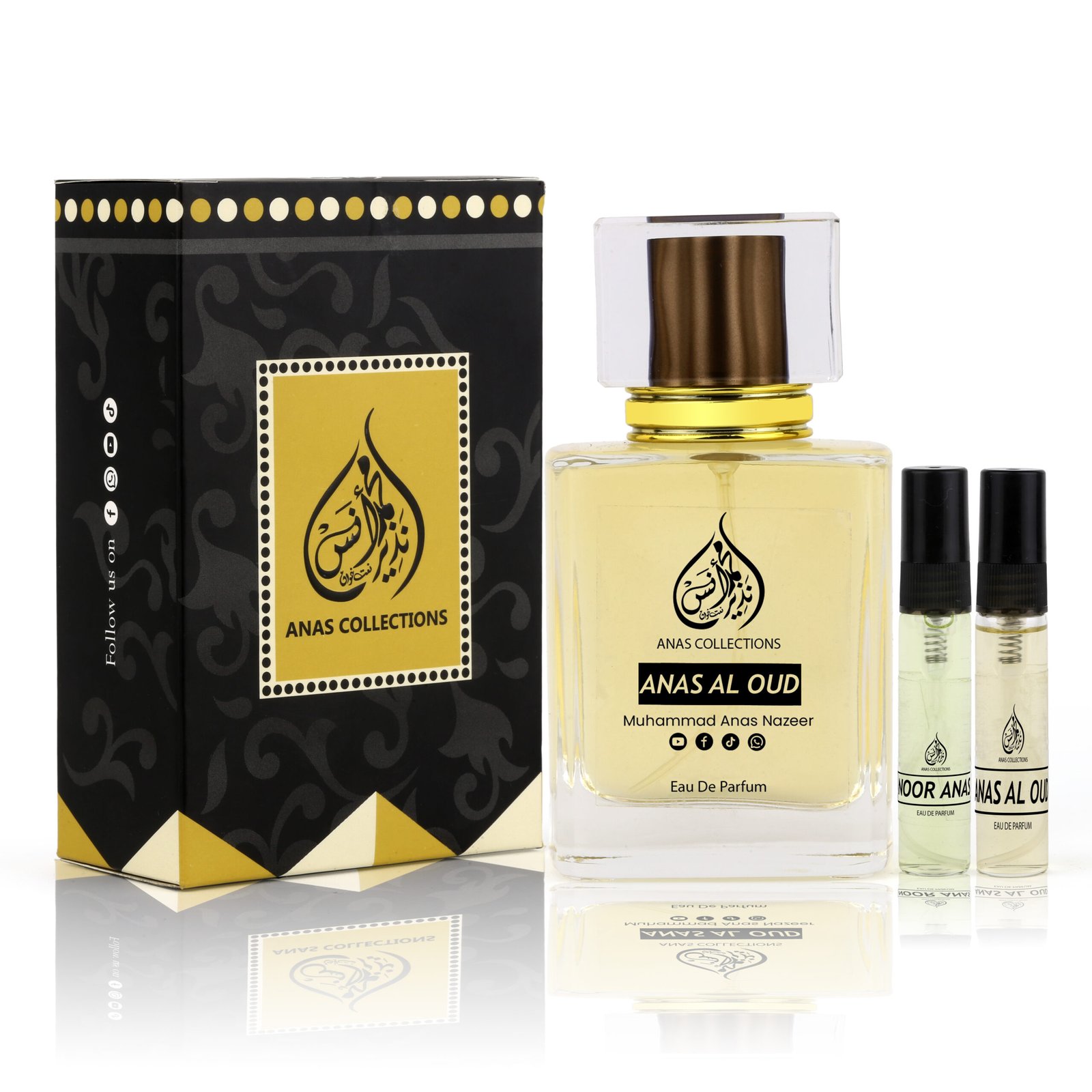 Anas Al Oud fragrance gift set including signature black box and mini tester vials.
