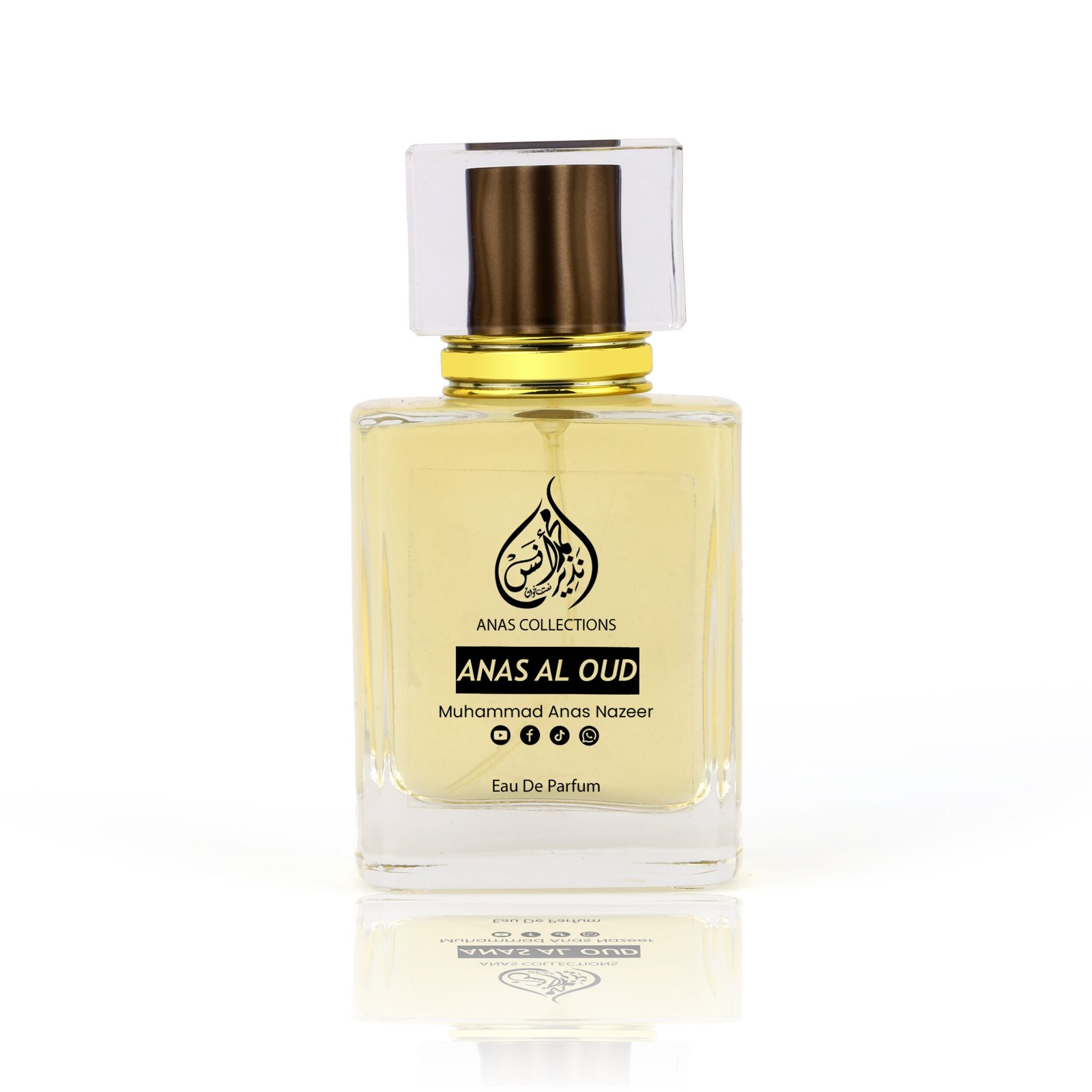 Anas Al Oud Eau De Parfum official glass bottle display on a reflective white surface.