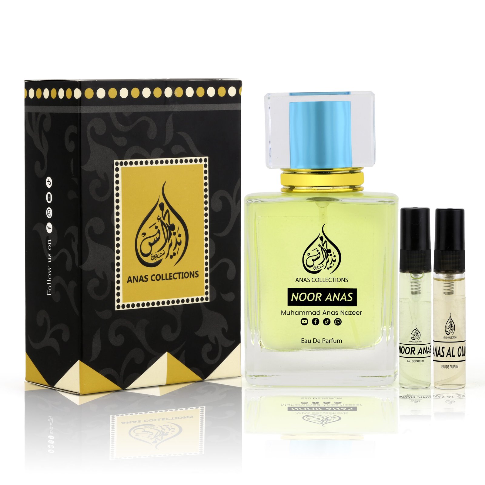 Noor Anas perfume collection set including the signature black box and tester vials.