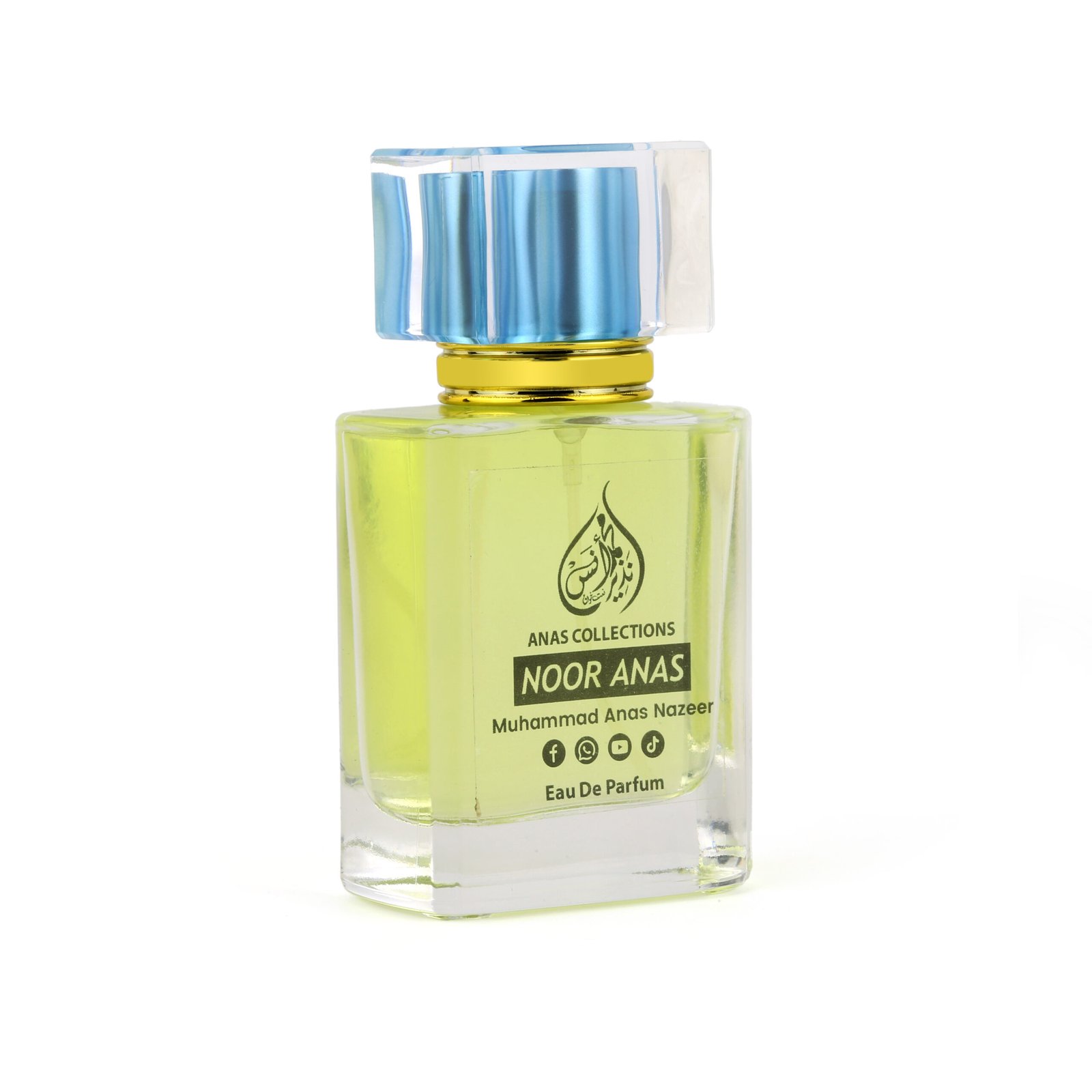 Luxury Noor Anas Eau De Parfum bottle featured with a clean reflection on a white background.