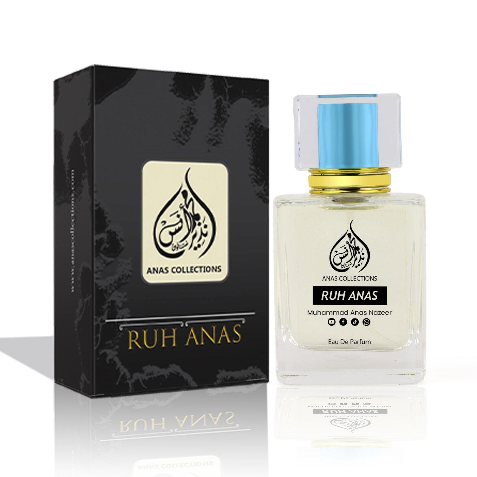 Ruh Anas perfume bottle and official black packaging display