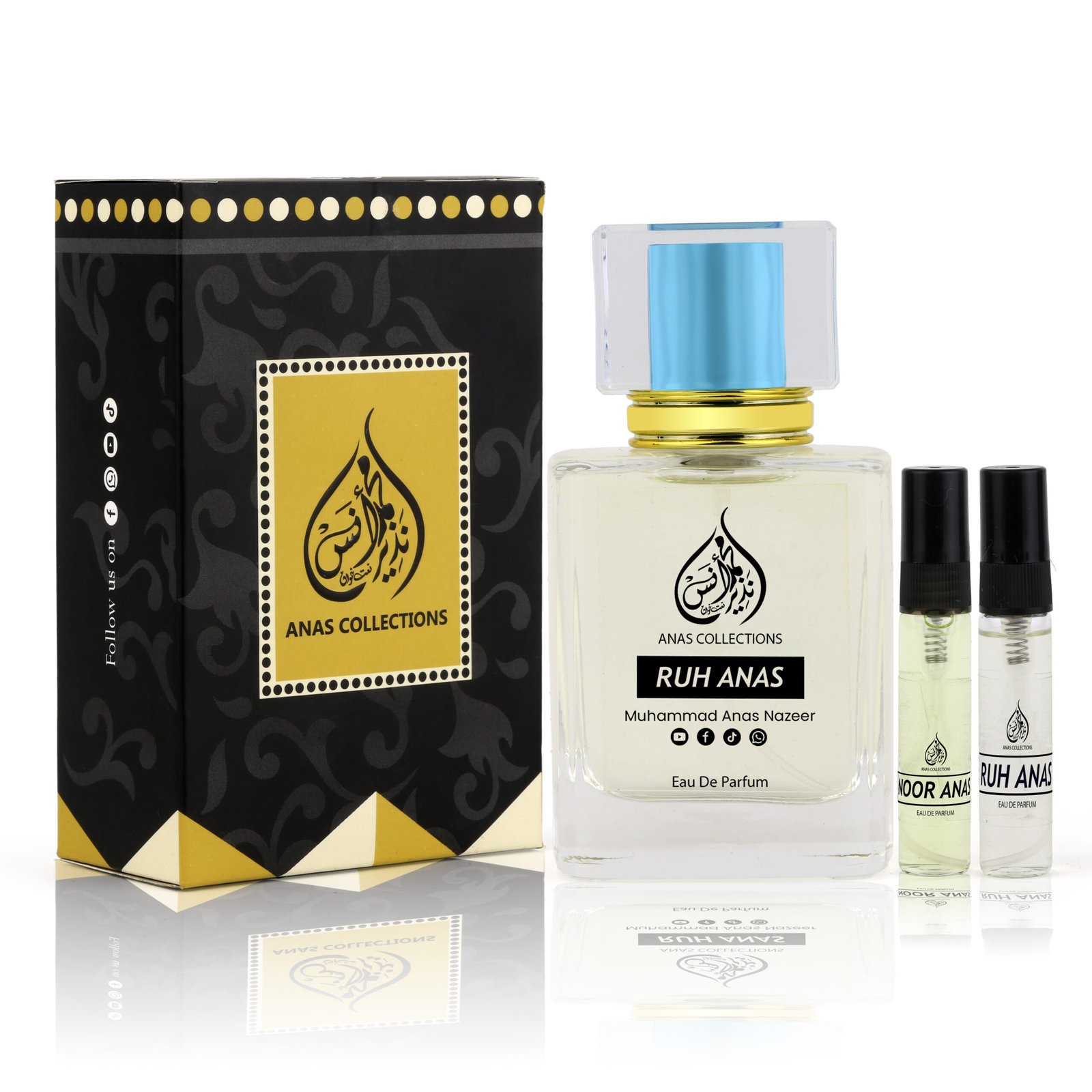 Ruh Anas perfume collection featuring the main bottle, black box, and tester vials.