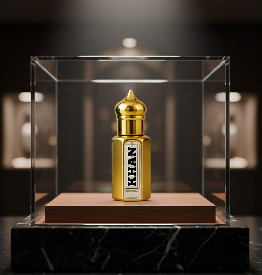 Luxurious Khan gold attar bottle in a premium glass display case – Exclusive Arabic attar and high-end fragrance by Anas Collection.