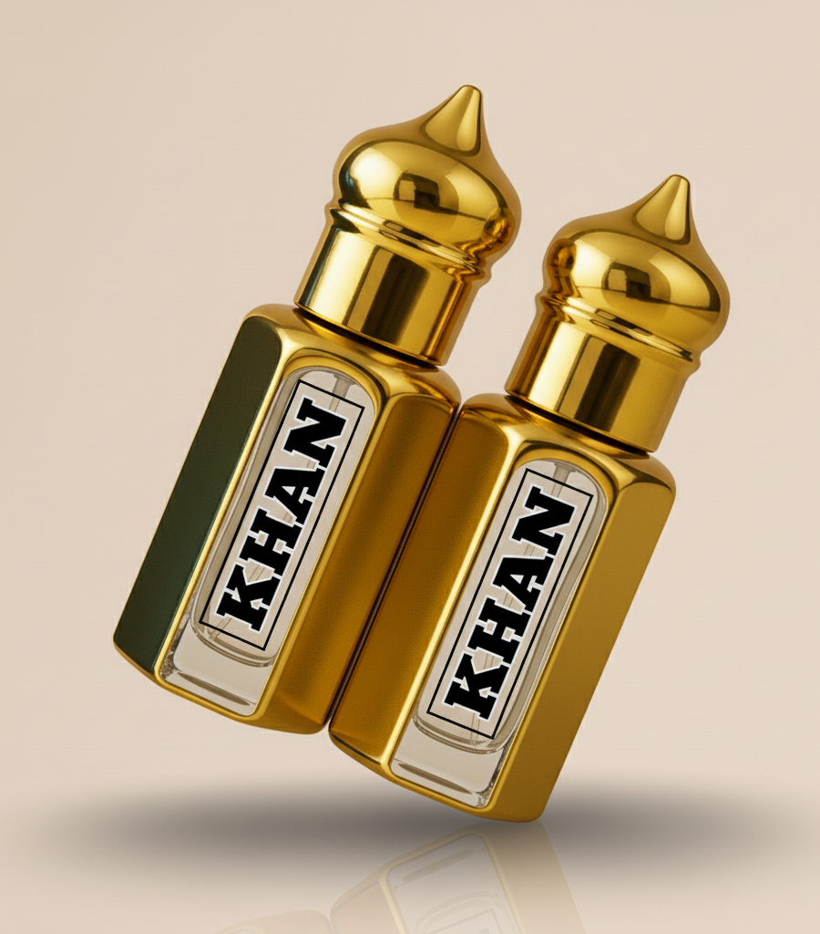 A pair of Khan gold perfume bottles featuring concentrated luxury attar – Best long-lasting designer fragrance oil at Anas Collection.