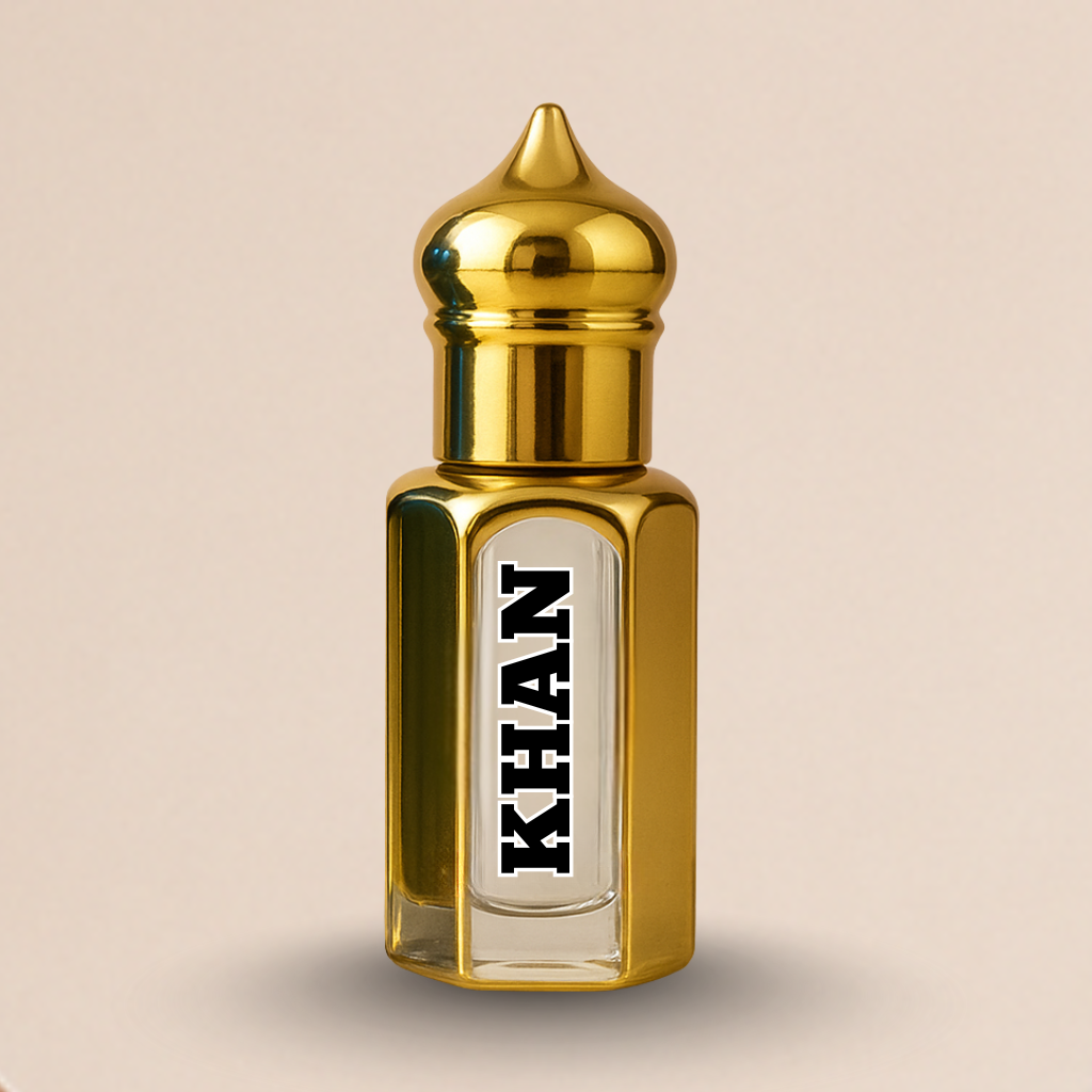 Front-facing view of KHAN gold designer perfume bottle for Anas Collection.